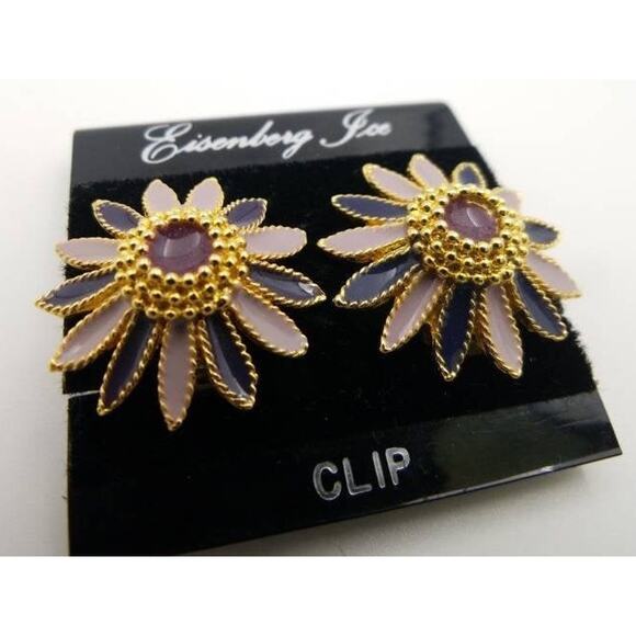 Vintage EISENBERG ICE Enamel Flower Clip Earrings on Original Card - Picture 3 of 6